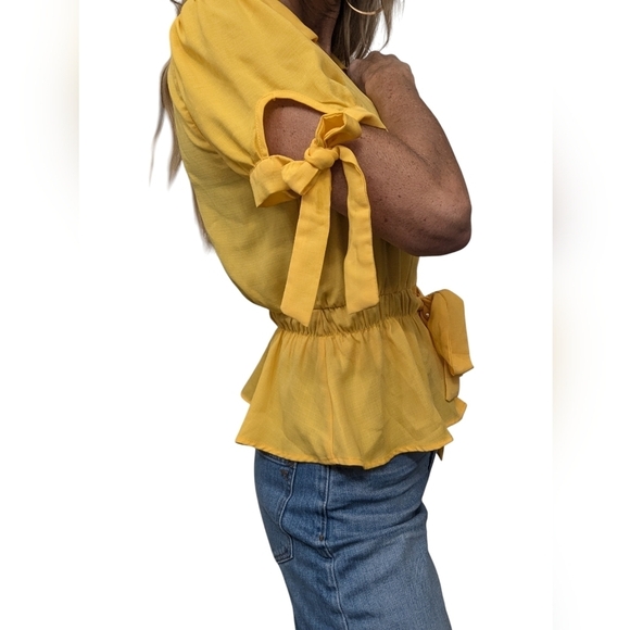 Sweet Rain Bright Yellow Belted Button-Up Shirt Short Sleeve Blouse Size XS - Picture 2 of 6